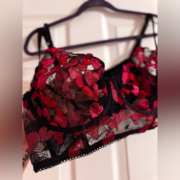 NWOT Torrid Black and Pink , Red hearts embroidered longline bralette•sheer mesh - Picture 6 of 8